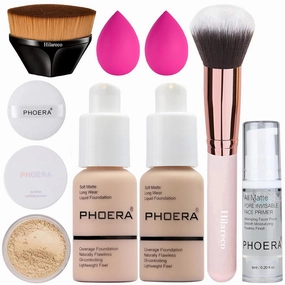 PHOERA Full Coverage Foundation and Primer Set - Powder, Kabuki Makeup Brushes, Foundation Brush, 2 Pcs Makeup Sponge (101 Porcelain 102 Nude)