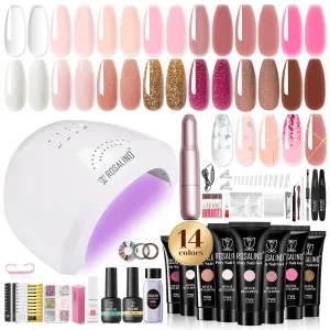 Poly Nail Gel Starter Kit -14 Colors   75 Nail Art Accessories Kit,ROSALIND Clear Pink Nude Glitter Poly Gel with Big UV Light 48W and Electric Nail Drill Starter Kit