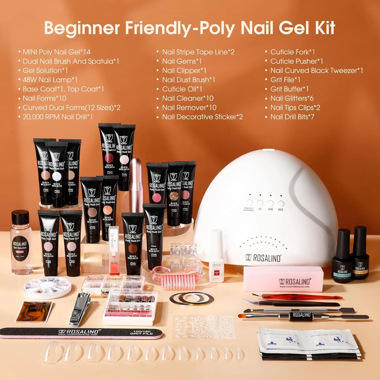 Poly Nail Gel Starter Kit -14 Colors   75 Nail Art Accessories Kit,ROSALIND Clear Pink Nude Glitter Poly Gel with Big UV Light 48W and Electric Nail Drill Starter Kit
