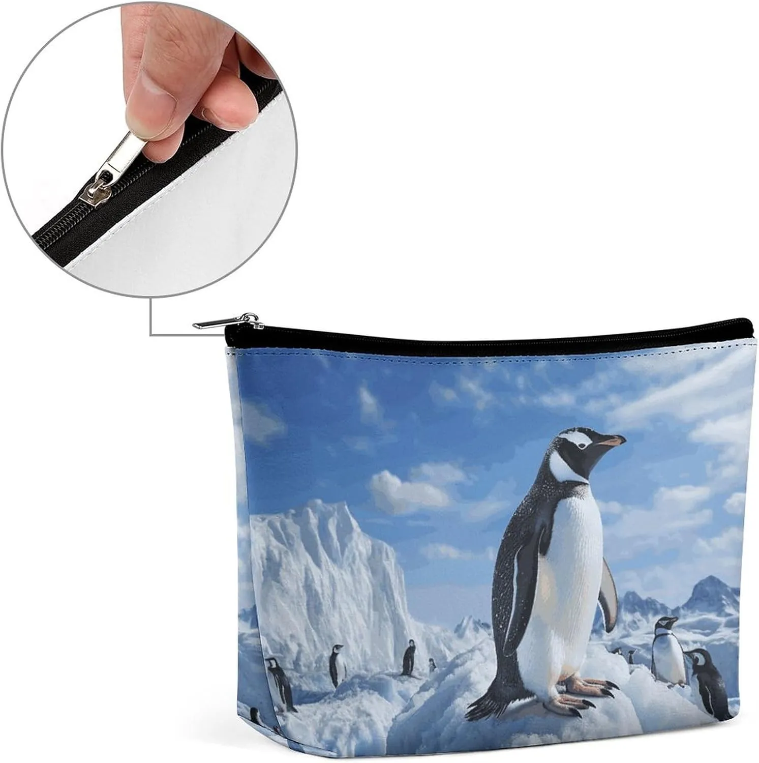 Portable Small Cosmetic Bag Cute Travel Makeup Bag Snow Mountain Penguin Waterproof Toiletry Bag for Women