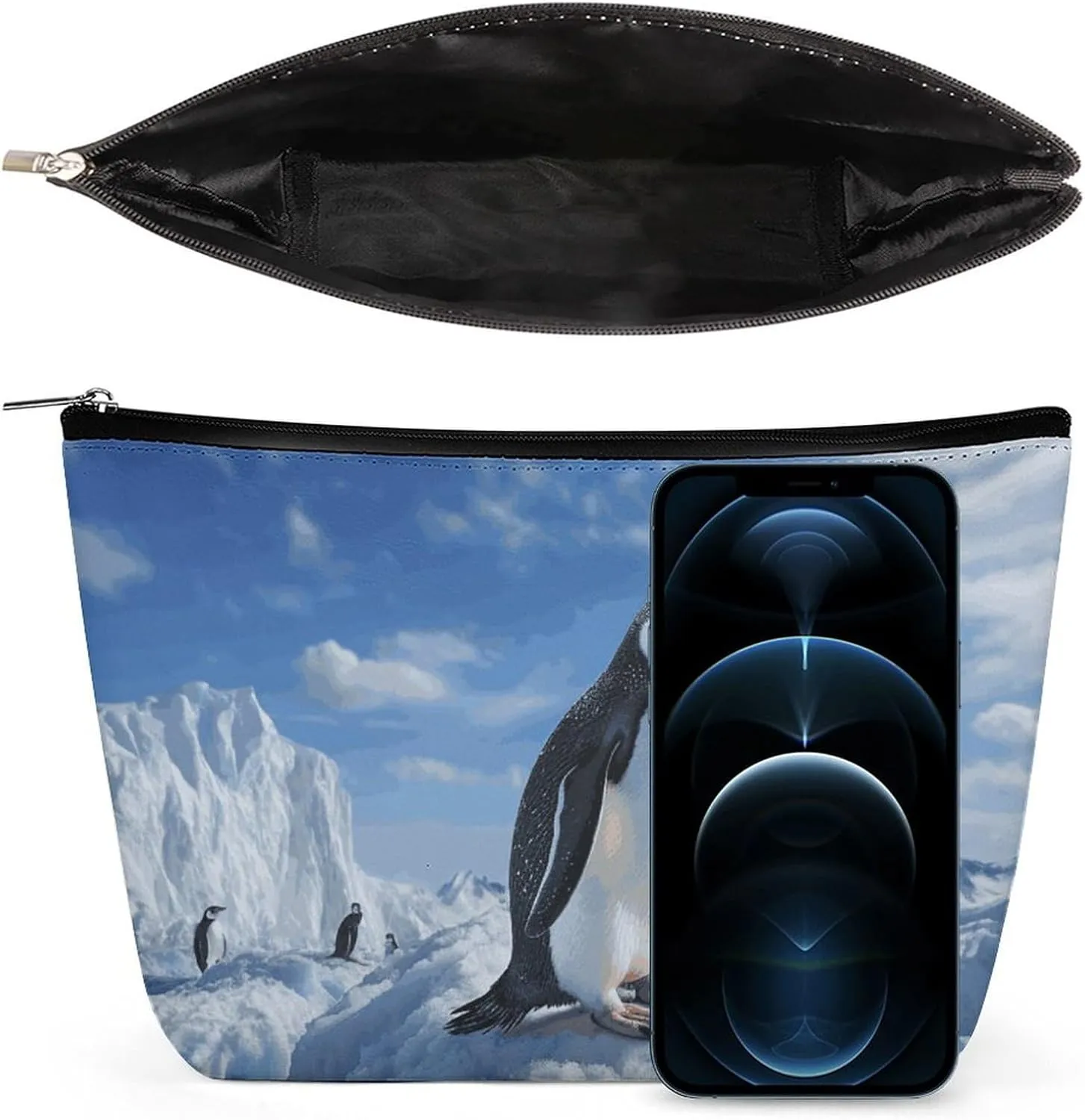 Portable Small Cosmetic Bag Cute Travel Makeup Bag Snow Mountain Penguin Waterproof Toiletry Bag for Women