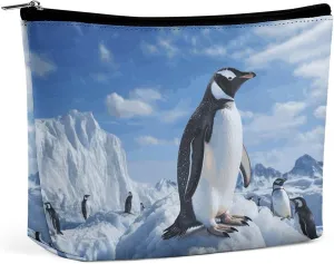 Portable Small Cosmetic Bag Cute Travel Makeup Bag Snow Mountain Penguin Waterproof Toiletry Bag for Women