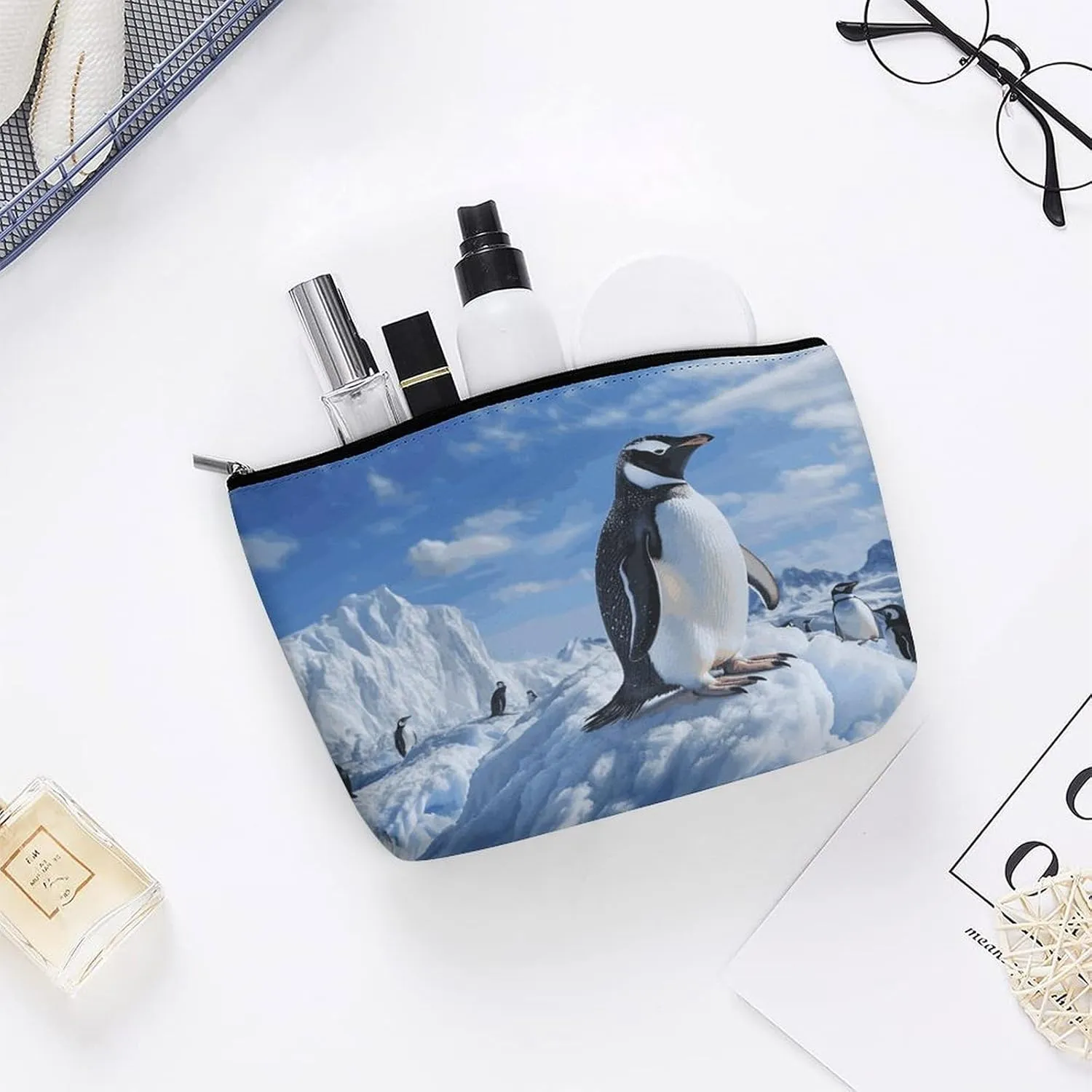 Portable Small Cosmetic Bag Cute Travel Makeup Bag Snow Mountain Penguin Waterproof Toiletry Bag for Women