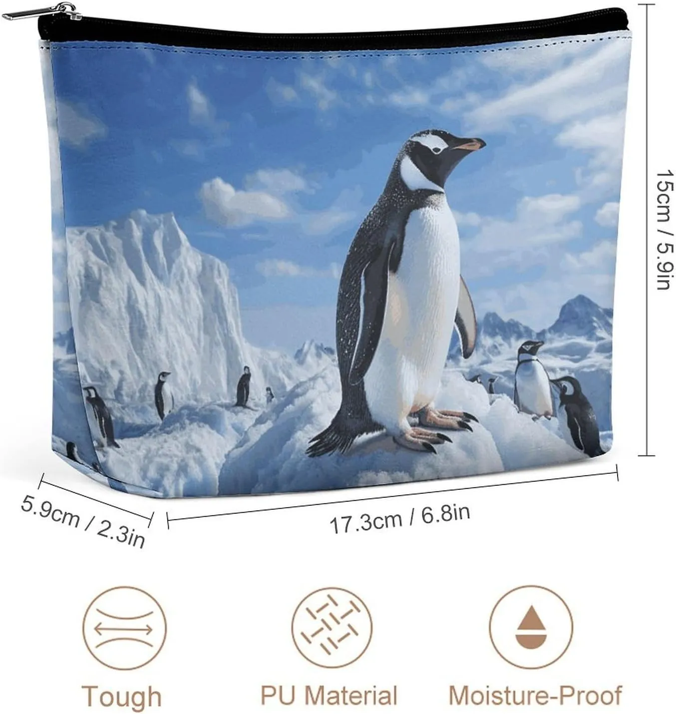 Portable Small Cosmetic Bag Cute Travel Makeup Bag Snow Mountain Penguin Waterproof Toiletry Bag for Women
