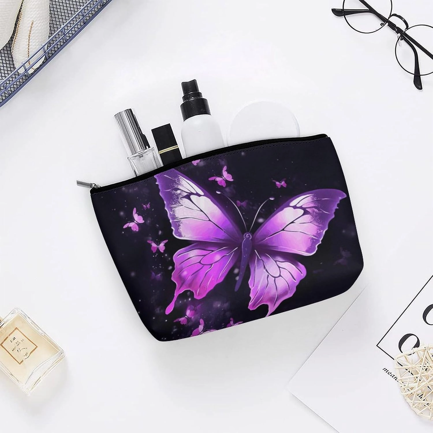 Portable Small Cosmetic Bag Cute Travel Makeup Bag Butterfly Purple Waterproof Toiletry Bag for Women