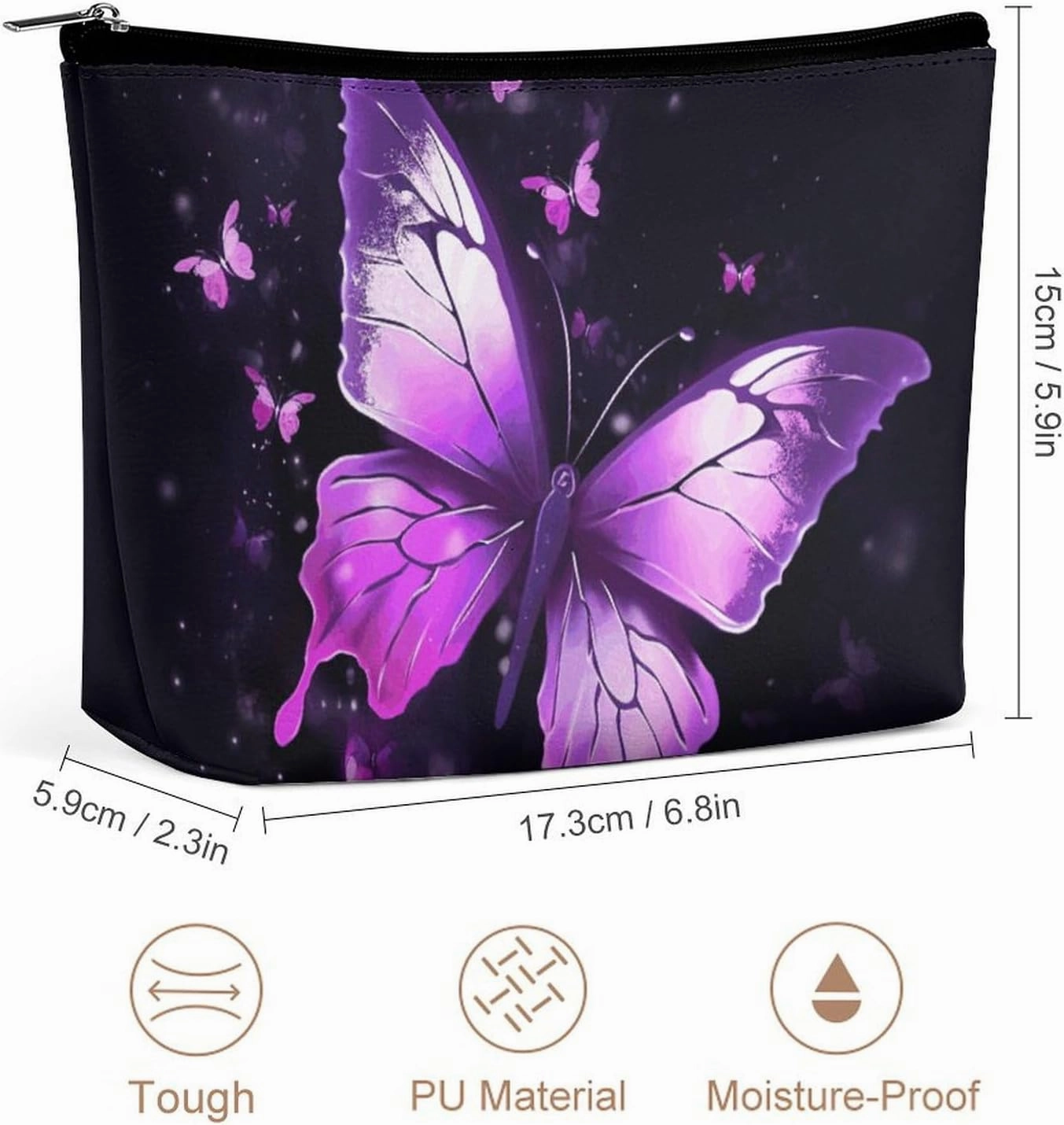 Portable Small Cosmetic Bag Cute Travel Makeup Bag Butterfly Purple Waterproof Toiletry Bag for Women