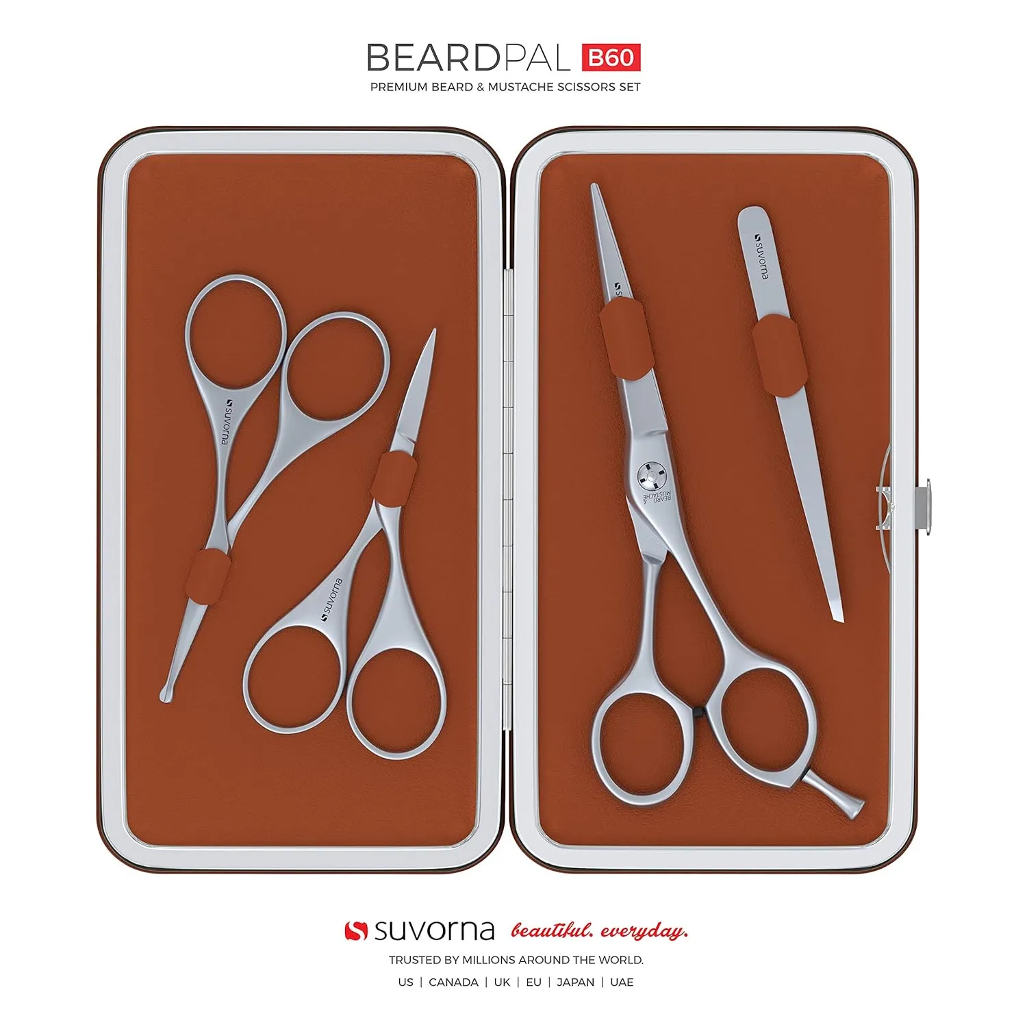 Premium Beard & Mustache Set with Beard scissors for men - Facial Hair/Nose/Eyebrow Scissors - Slant Tweezers (4 Pcs Brown)