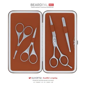Premium Beard & Mustache Set with Beard scissors for men - Facial Hair/Nose/Eyebrow Scissors - Slant Tweezers (4 Pcs Brown)