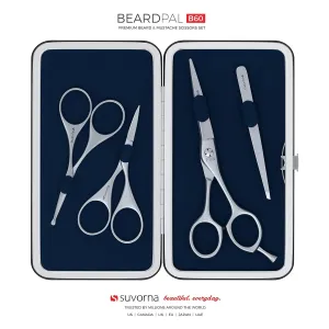 Premium Beard & Mustache Set with Beard scissors for men - Facial Hair/Nose/Eyebrow Scissors - Slant Tweezers (4 Pcs Dark Blue)