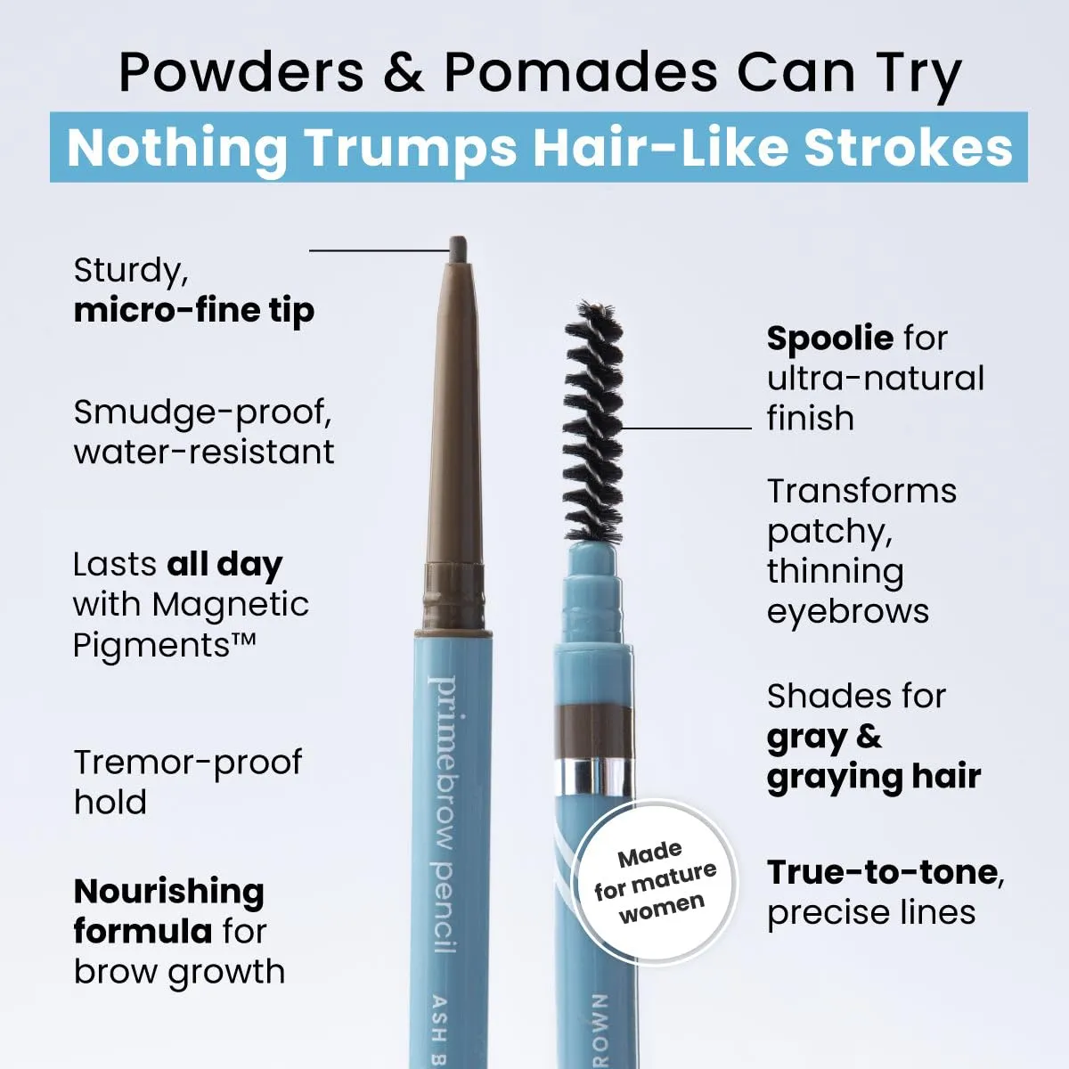 PrimeBrow Pencil for Mature Women – Ultra-Precise Tip for Natural, Hair-Like Strokes – Smudge-Proof & Long-Lasting Wear – Great for Thinning, Sparse, or Graying Brows (Brunette)