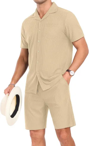 PrinStory Mens Short Sleeve Outfits 2 Piece Summer Beach Button Down Shirts and Shorts Set Tracksuit with Pockets