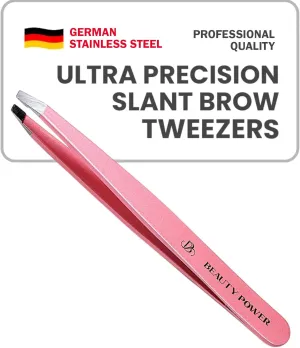 Professional Slant Tweezers - Precision German Stainless Steel Tweezers for Eyebrows, Facial Hair, Chin & Ingrown Hair Removal, Durable & Lightweight Grooming Tool, Gift-Ready (Pink)