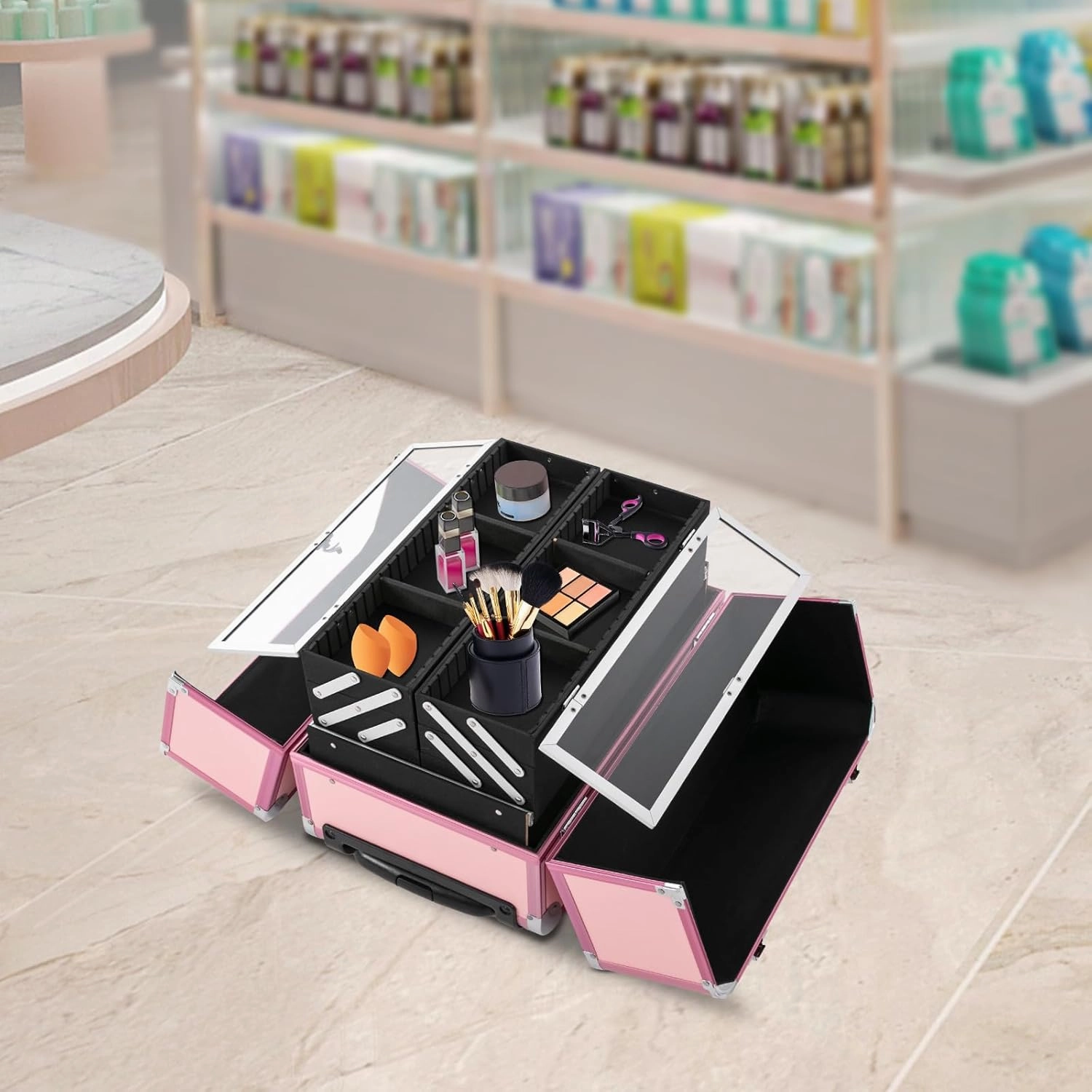Professional Cosmetic Trolley Case with Locks, Makeup Case with 6 Trays, Lockable Rolling Makeup Case, Multi-layer Makeup Case Makeup Portable Travel Organizer for Make-Up Artists Nail Technicians