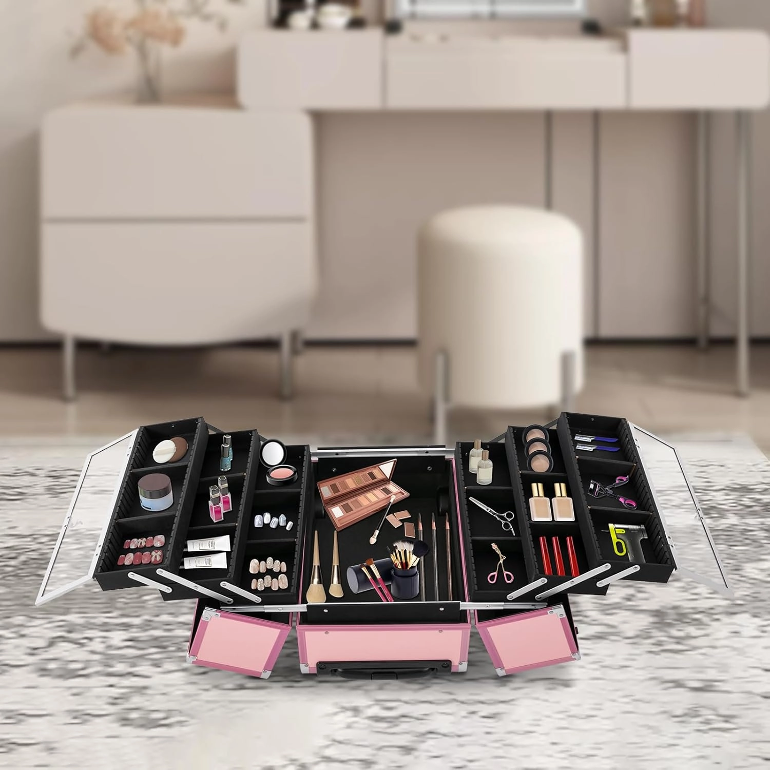 Professional Cosmetic Trolley Case with Locks, Makeup Case with 6 Trays, Lockable Rolling Makeup Case, Multi-layer Makeup Case Makeup Portable Travel Organizer for Make-Up Artists Nail Technicians