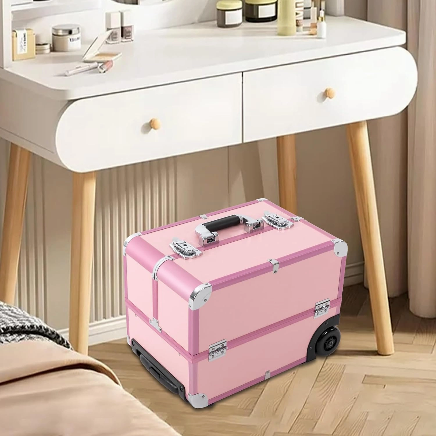 Professional Cosmetic Trolley Case with Locks, Makeup Case with 6 Trays, Lockable Rolling Makeup Case, Multi-layer Makeup Case Makeup Portable Travel Organizer for Make-Up Artists Nail Technicians
