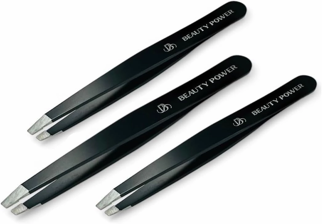 Professional Tweezers - Slant, Durable Lightweight German Stainless Steel,Ultra Precision Tweezers for Eyebrows, Facial Hair, Chin, and Ingrown Hair Removal - Gift (3 / Matte Black)