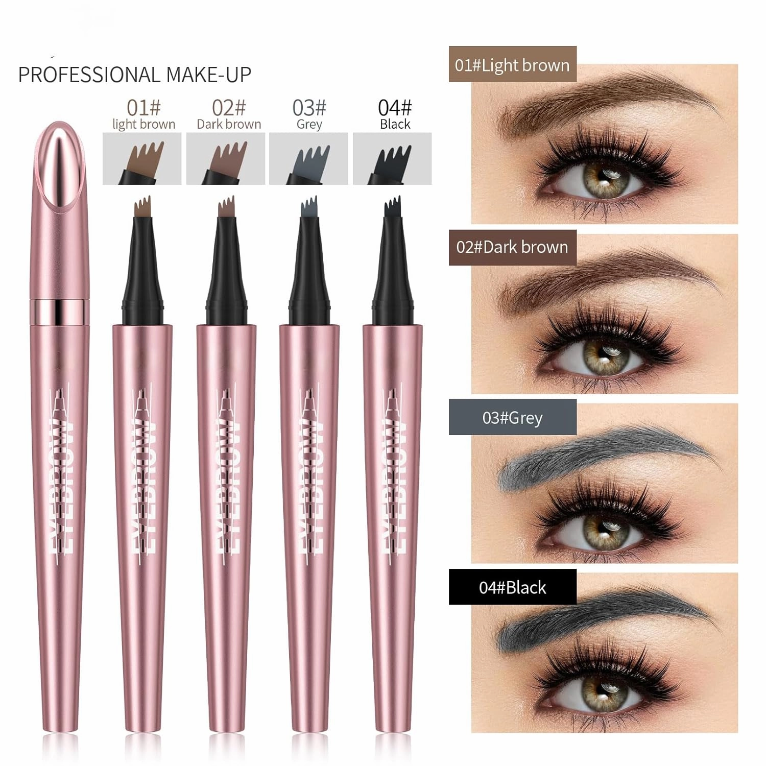 Q708 3D Microblading Eyebrow Pencil, Waterproof, 4-Tipped, Long-Lasting, Micro-Fork Applicator for Natural Brows, All Skin Tones (3#Grey)