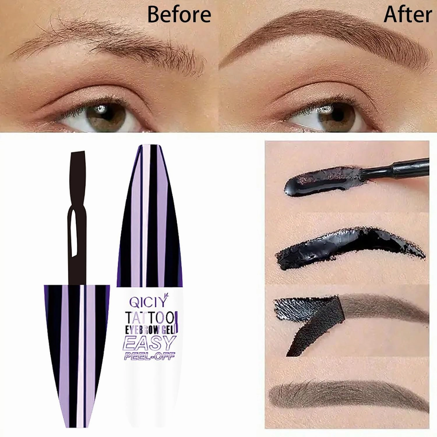 Qiciy Tattoo Eyebrow Gel Easy Peel Off, Easy Peel-Off Eyebrow Gel- Waterproof & Sweatproof, Create Clear and Thick Eyebrows, Gentle for All Skin Types (Grey Brown #3(Q2))