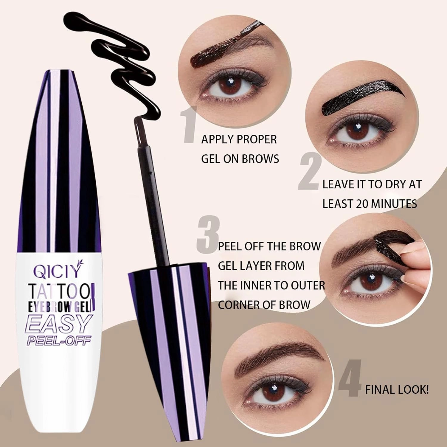 Qiciy Tattoo Eyebrow Gel Easy Peel Off, Easy Peel-Off Eyebrow Gel- Waterproof & Sweatproof, Create Clear and Thick Eyebrows, Gentle for All Skin Types (Grey Brown #3(Q2))