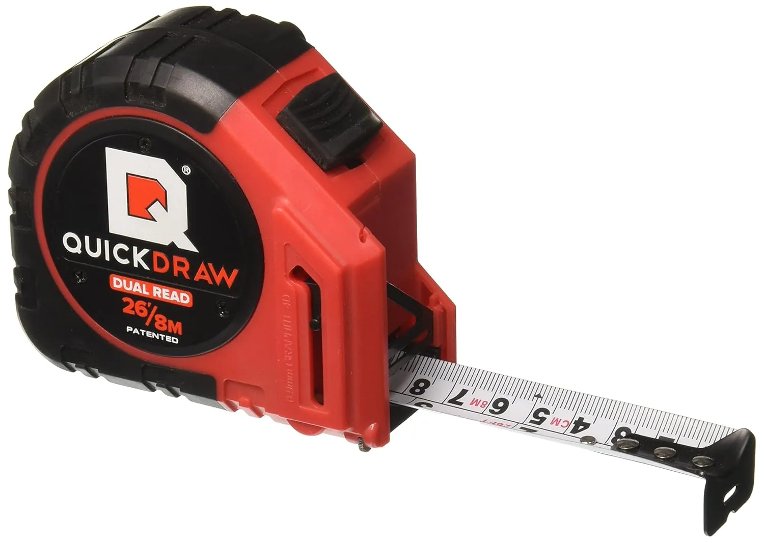 Quickdraw PRO Dual-Read 26 ft / 8M (Imperial/Metric) Self Marking Tape Measure - 1st Measuring Tape with a Built in Pencil - Contractor Grade Steel Tape - Power Locking Tape Ruler