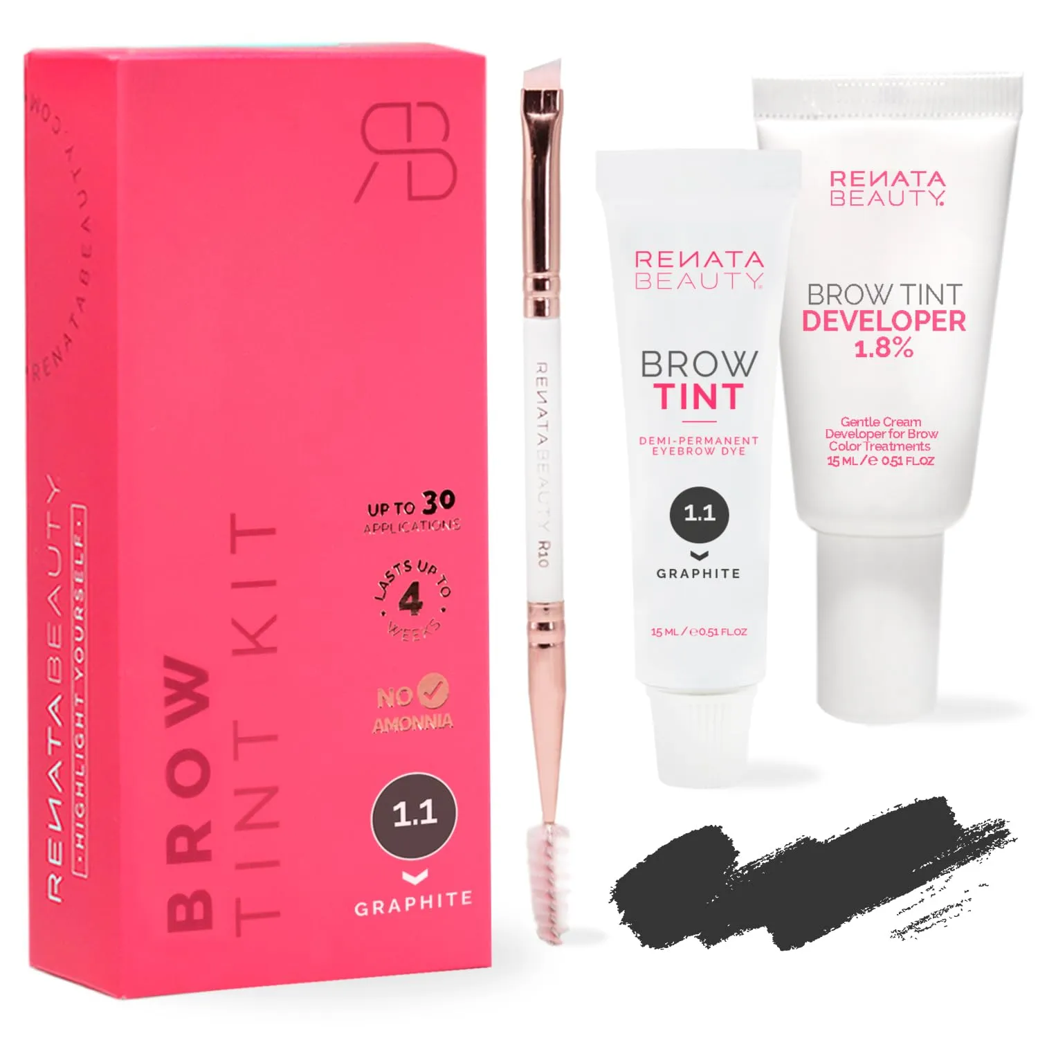 RB RENATA BEAUTY Brow Tint Kit – Eyebrow Tint Set – Dye Kit with Color Tint, Cream Developer and Styling Brush – Long-Lasting Effect Up to 4 Weeks – 30 Applications [Graphite]