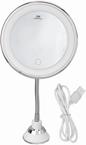 Rechargeable Lighted Makeup Mirror, 10x Magnification Magnifying Vanity Mirror, Three Light Colors Dimmable Cosmetic Mirror, Portable LED Makeup Mirror for Travel