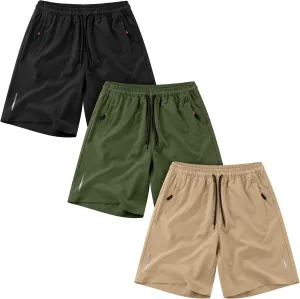 Resinta 3 Pack Boys Athletic Shorts with Zipper Pockets Dry Fit Lightweight Hiking Cargo Shorts for Gym Outdoors
