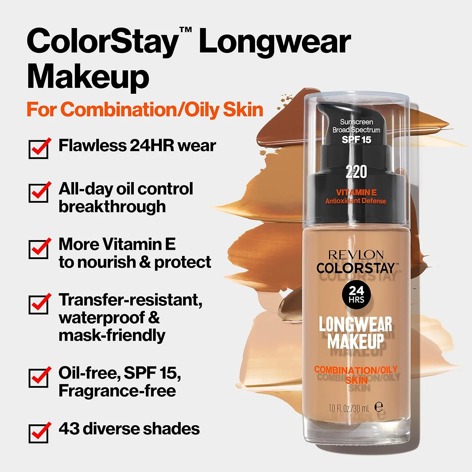 Revlon Liquid Foundation, ColorStay Face Makeup for Combination & Oily Skin, SPF 15, Medium-Full Coverage with Matte Finish, 220 Natural Beige, 1 Fl Oz