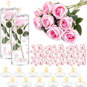 Riceshoot 326 Pcs Floating Flowers Vase Fillers Kit 12 Artificial Rose 12 Floating Candle Centerpieces 300 Pearl 2 Bags Water Gels Flowers Vase Fillers for Wedding Table Centerpiece