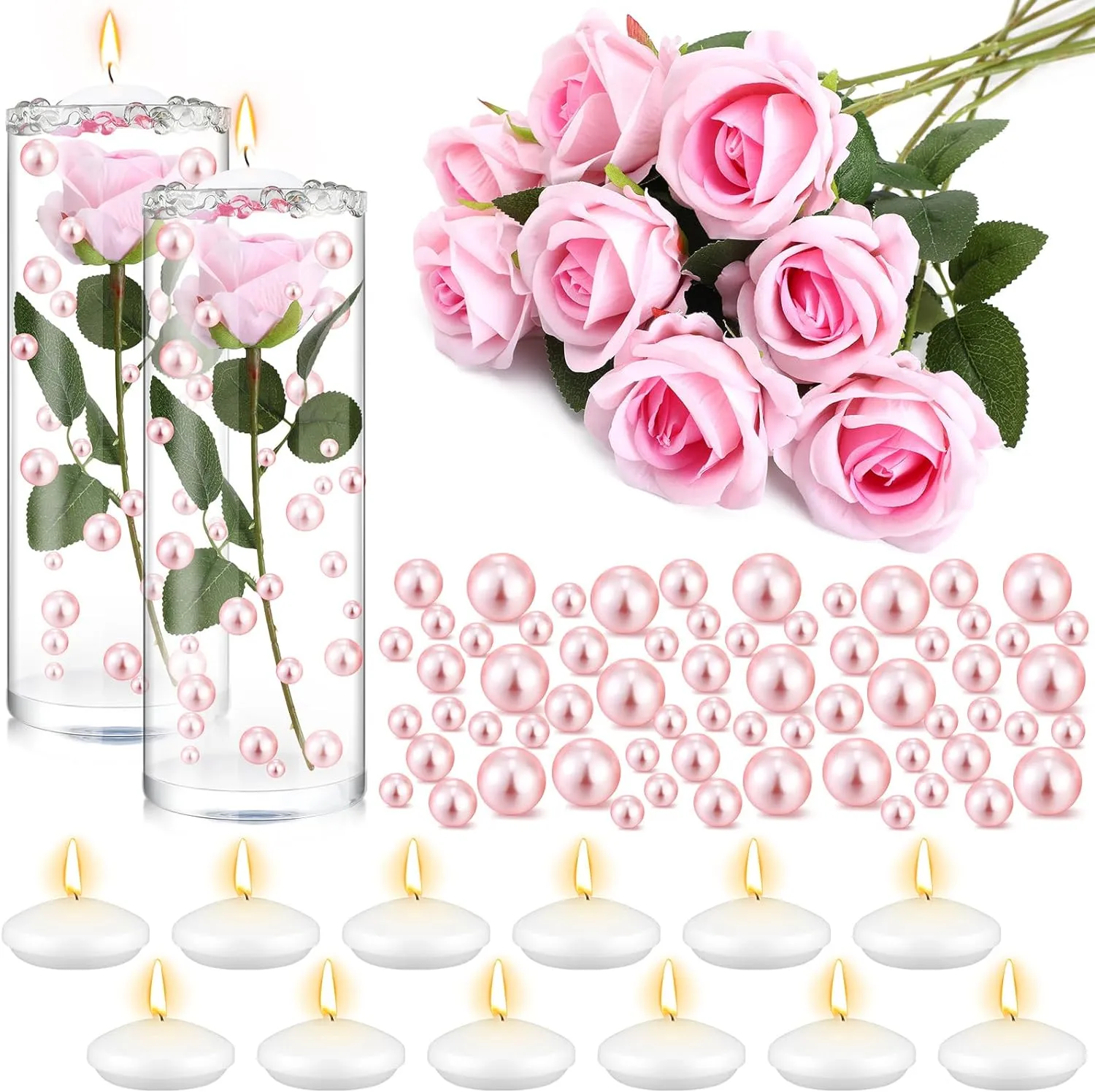 Riceshoot 326 Pcs Floating Flowers Vase Fillers Kit 12 Artificial Rose 12 Floating Candle Centerpieces 300 Pearl 2 Bags Water Gels Flowers Vase Fillers for Wedding Table Centerpiece
