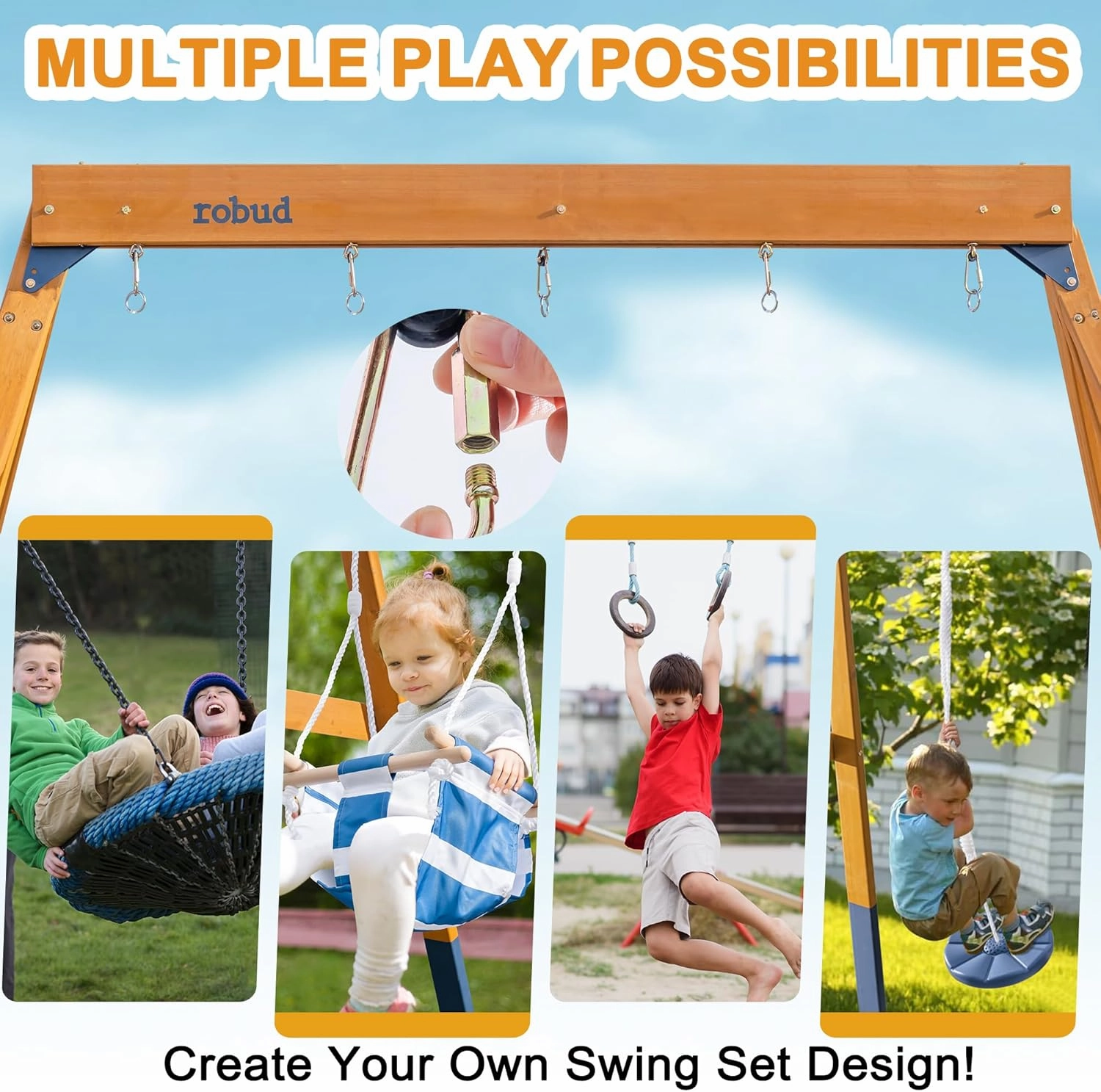 ROBUD 3-in-1 Playground Wooden Swing Sets for Backyard, DIY Swing Sets with Tree Swing and 2 Toddler Swings, Kids Outdoor Play Equipment, Outdoor Playset for Kids & Toddlers, Ages 3 