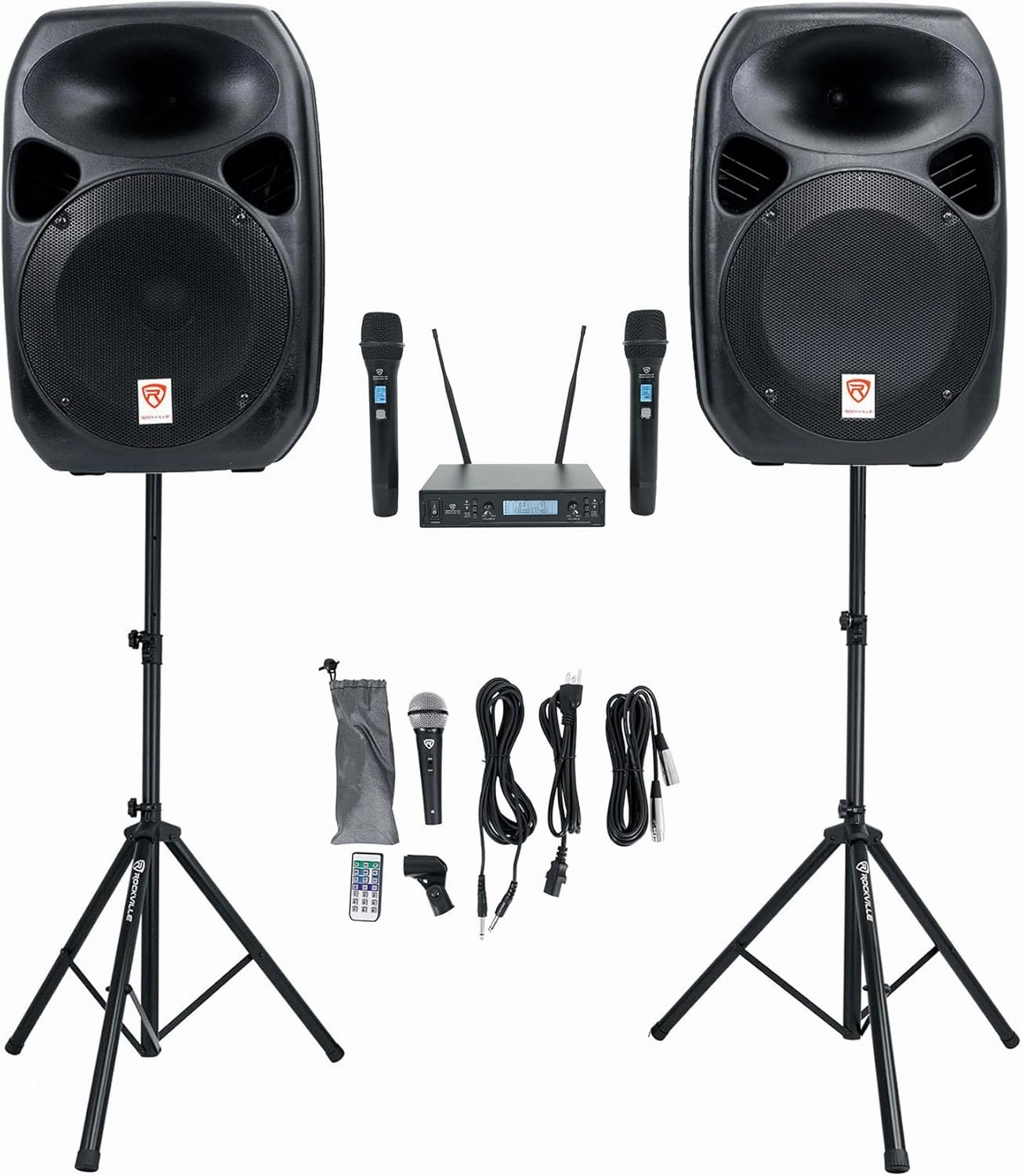 Rockville Power GIG RPG-122K All In One DJ/PA Package (2) 12" DJ/PA Speakers 1000 Watts Peak Power/250 Watts RMS with Built in Bluetooth, USB/SD Player, FM Tuner, Speaker Stands and a Wired Microphone