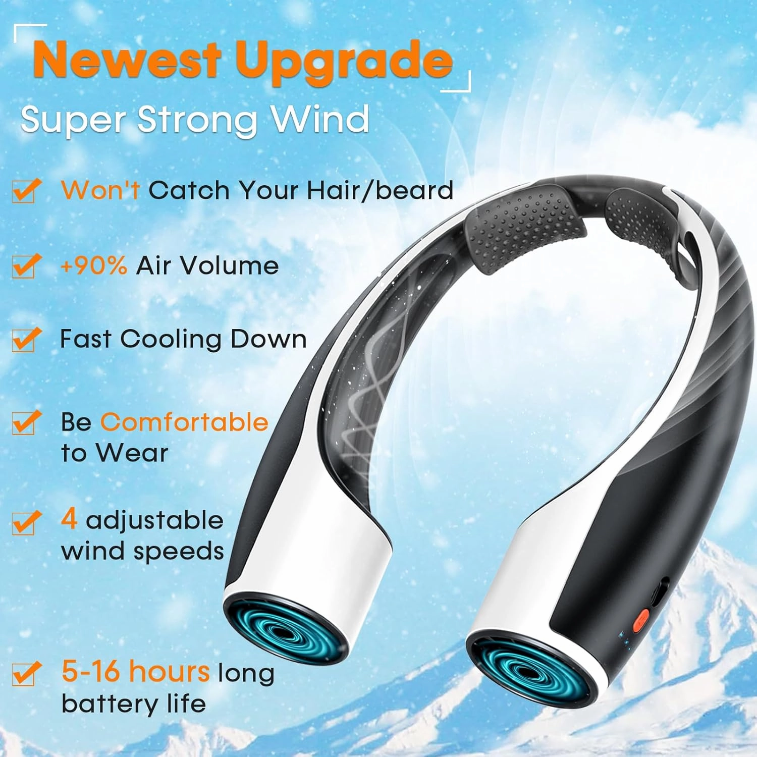 Rohent 2-Pack Hands-Free Neck Fan - 4000mAh USB-C Rechargeable with Turbo Cooling Ultra-Quiet 4 Speeds 360° Airflow for Travel Outdoors (Black)