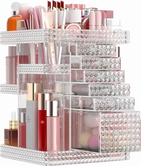 Rotating Makeup Organizer with 6 Drawers[New Updated], DIY Adjustable Make up Organizers and Storage Different Types of Cosmetics and Jewelry, Spinning Perfume Organizer (Plus Size-Clear)