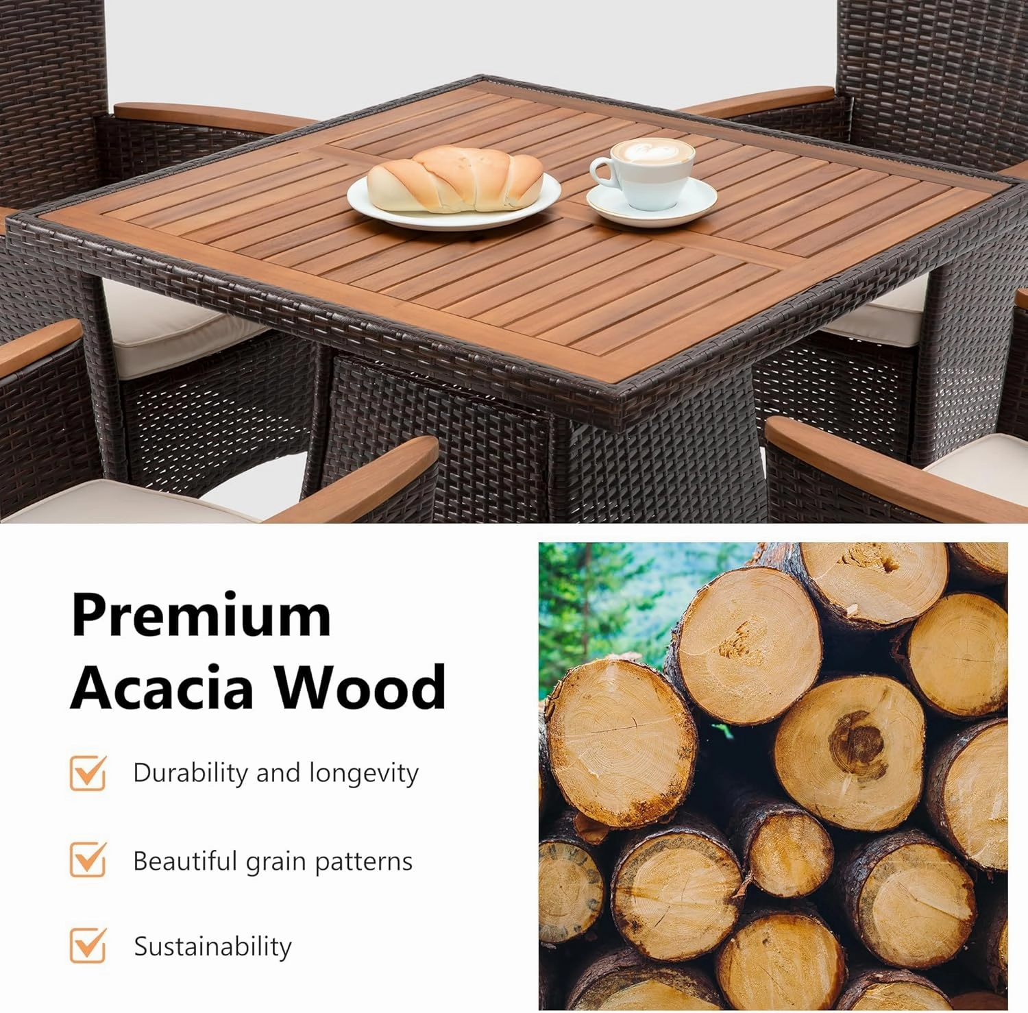 RoyalCraft 5 Piece Patio Wicker Dining Sets for 4, Water-Resistant Rattan Outdoor Dining Table and 4 Chairs with Wood Table Top, Conversation Set for Deck, Garden, Backyard, Removable Cushions, Teak