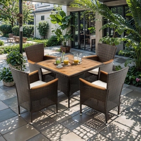 RoyalCraft 5 Piece Patio Wicker Dining Sets for 4, Water-Resistant Rattan Outdoor Dining Table and 4 Chairs with Wood Table Top, Conversation Set for Deck, Garden, Backyard, Removable Cushions, Teak