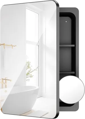 Rresyet 18" x 25" Medicine Cabinets for Bathroom with Mirror Door & Adjustable Shelves, Black Metal Framed Recessed & Wall Mounted Mirror Cabinet, Storage for Necklaces, Masks, Beauty Tools etc