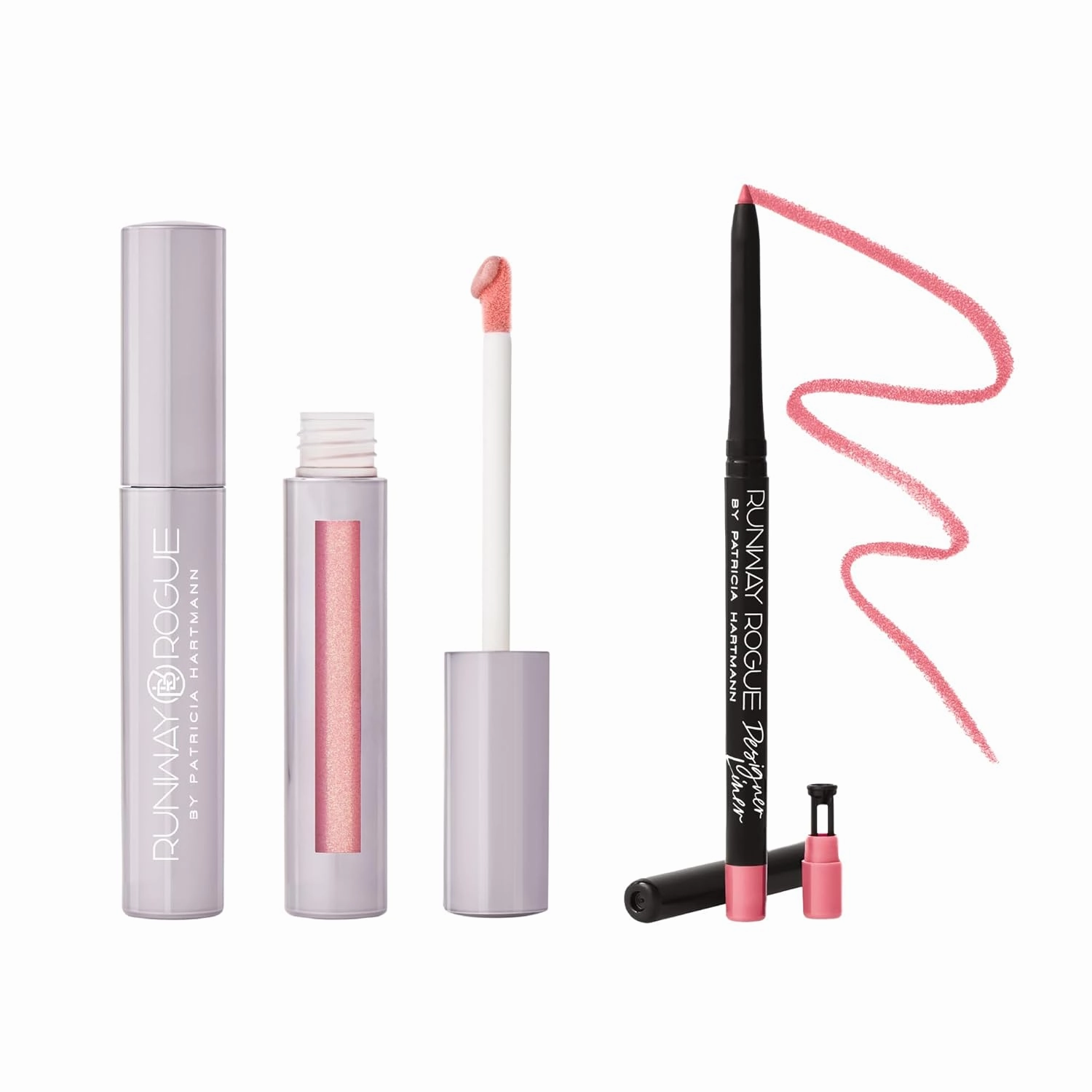 Runway Rogue Pearl Glam Liquid Lipstick   Liner Kit, Long-Wear Gold and Rose Shimmer Liquid Lipstick, 'Go See', Designer Liner Matte Blush Pink Lip Liner, 'It's a Wrap'