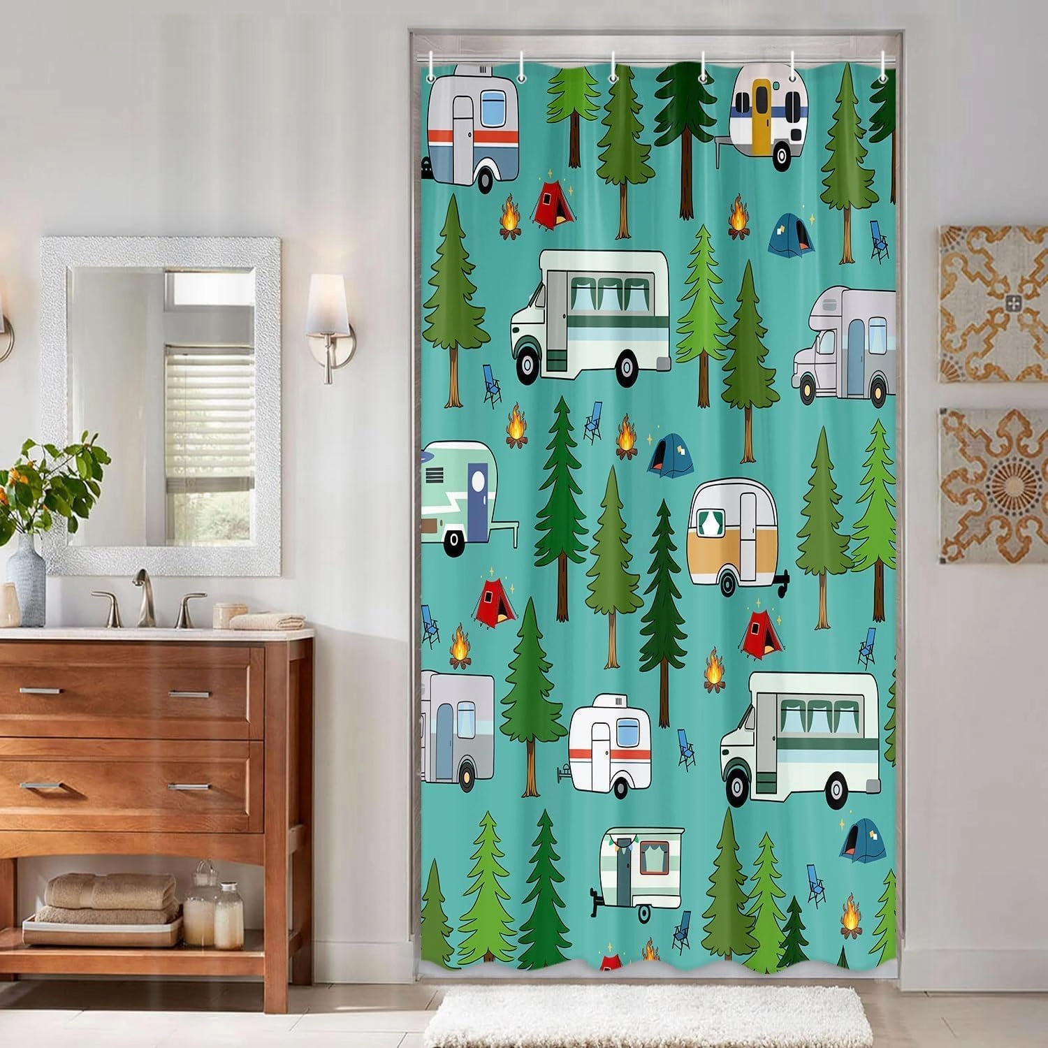 RV Shower Curtain, Camper Shower Curtains for Travel Trailer, Camping Small Narrow Shorter Fabric Shower Curtains Set, Campsite Outdoors Travel Hiking Bathroom Decor Accessories with Hooks