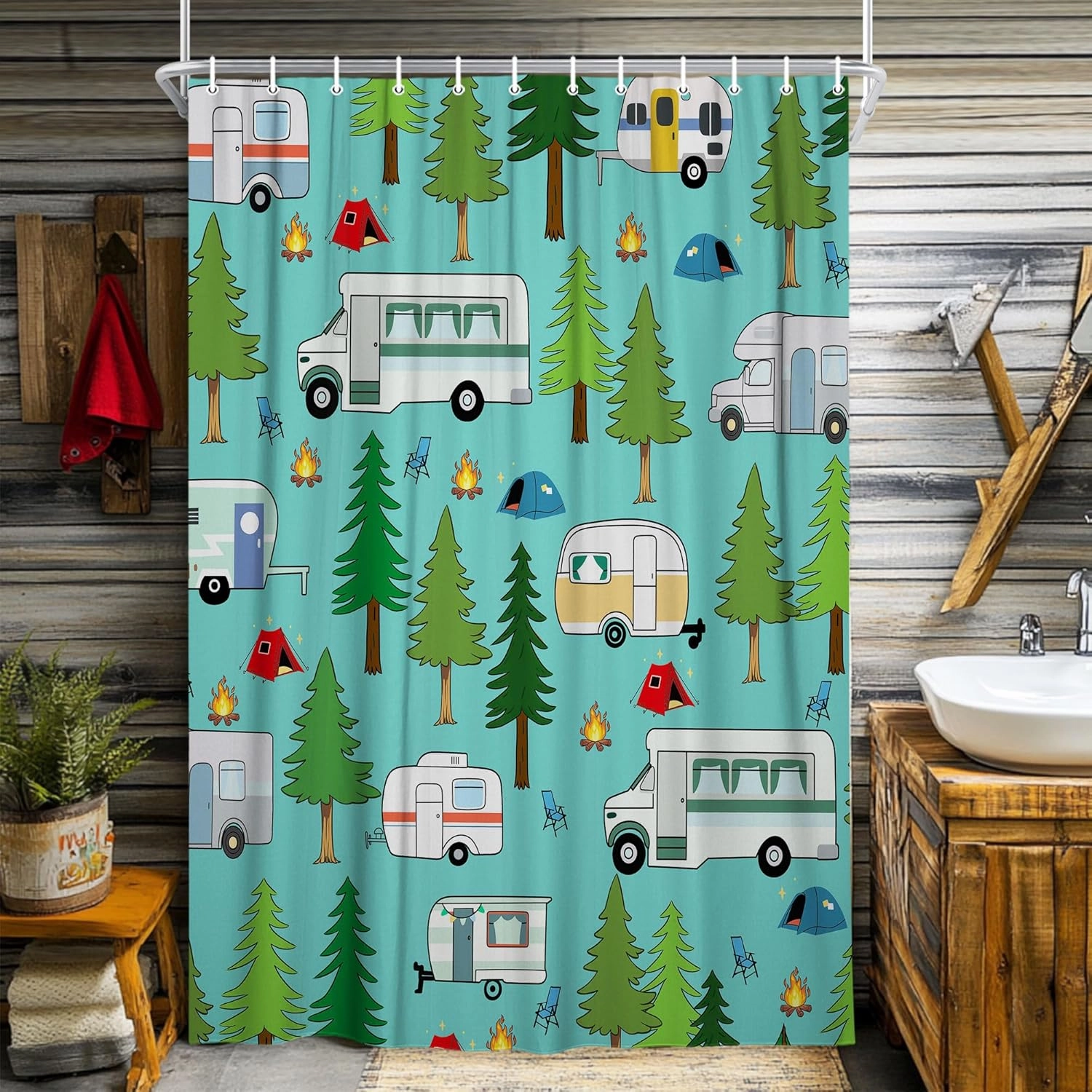 RV Shower Curtain, Camper Shower Curtains for Travel Trailer, Camping Small Narrow Shorter Fabric Shower Curtains Set, Campsite Outdoors Travel Hiking Bathroom Decor Accessories with Hooks