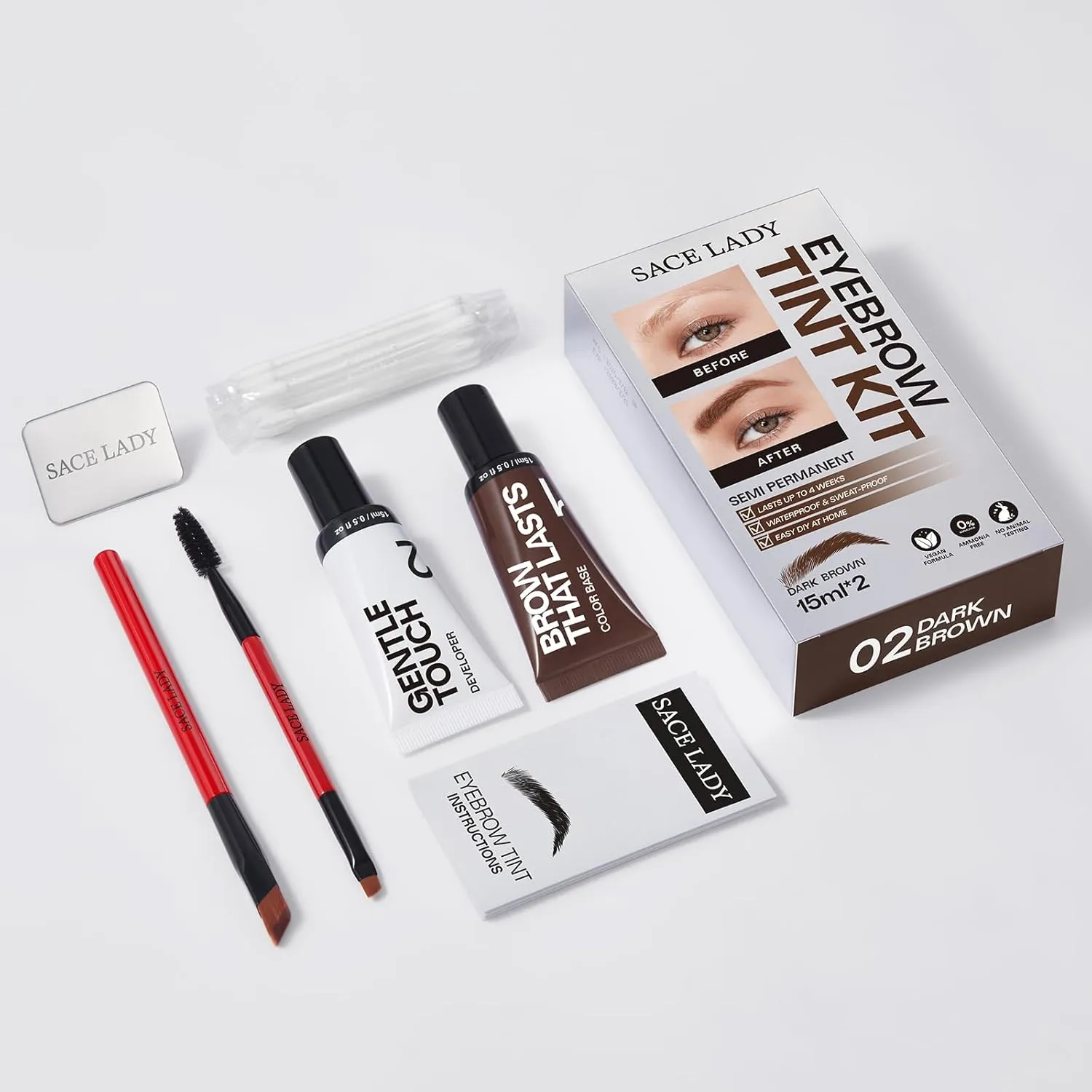 SACE LADY Eyebrow Tint Kit, Semi Permanent Brow Tint for Women, Long Last Effect Up to 4 weeks, Waterproof Sweat-proof, Natural Brows Color DIY at Home, Vegan & Cruelty Free (Dark Brown, 0.5Fl Oz*2)