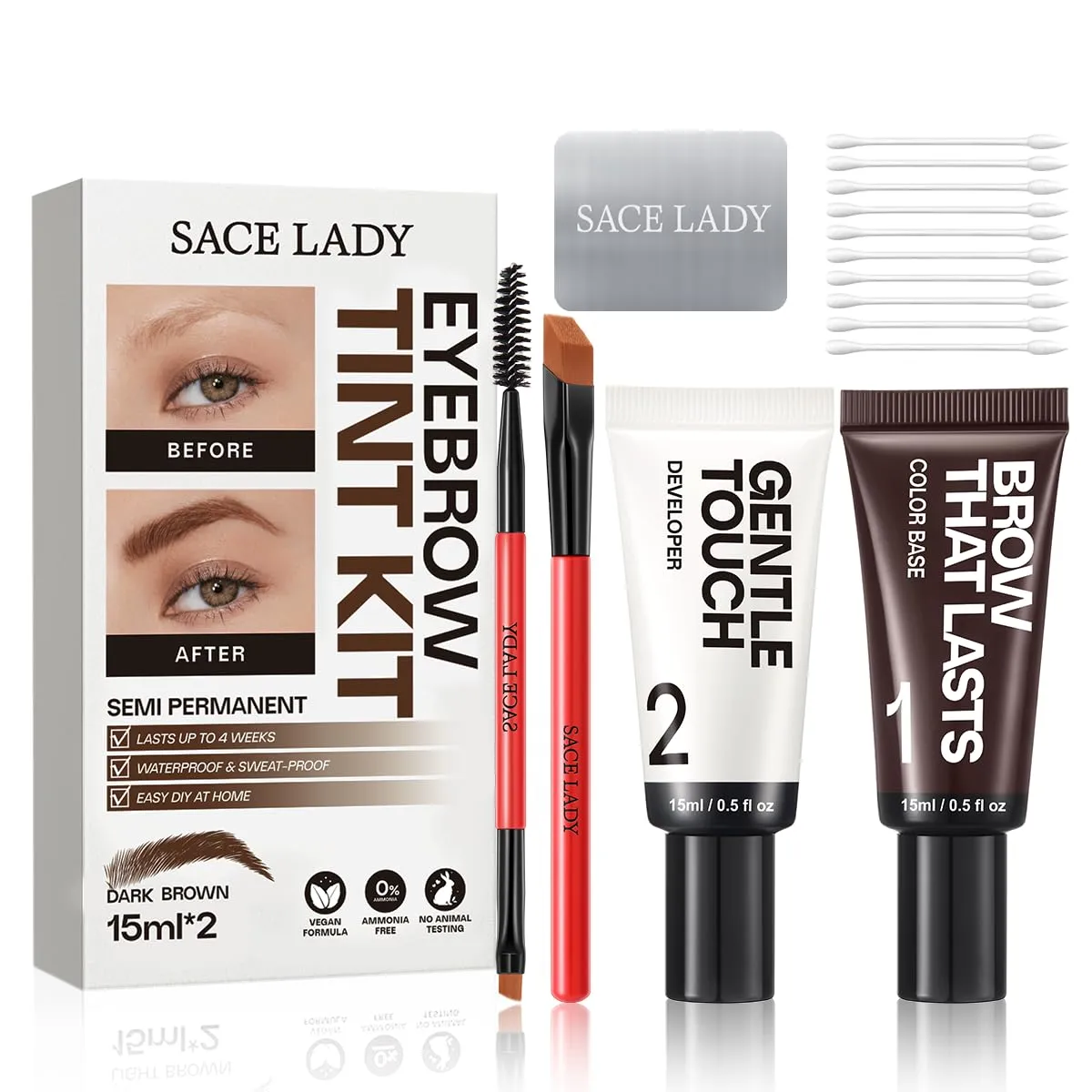 SACE LADY Eyebrow Tint Kit, Semi Permanent Brow Tint for Women, Long Last Effect Up to 4 weeks, Waterproof Sweat-proof, Natural Brows Color DIY at Home, Vegan & Cruelty Free (Dark Brown, 0.5Fl Oz*2)