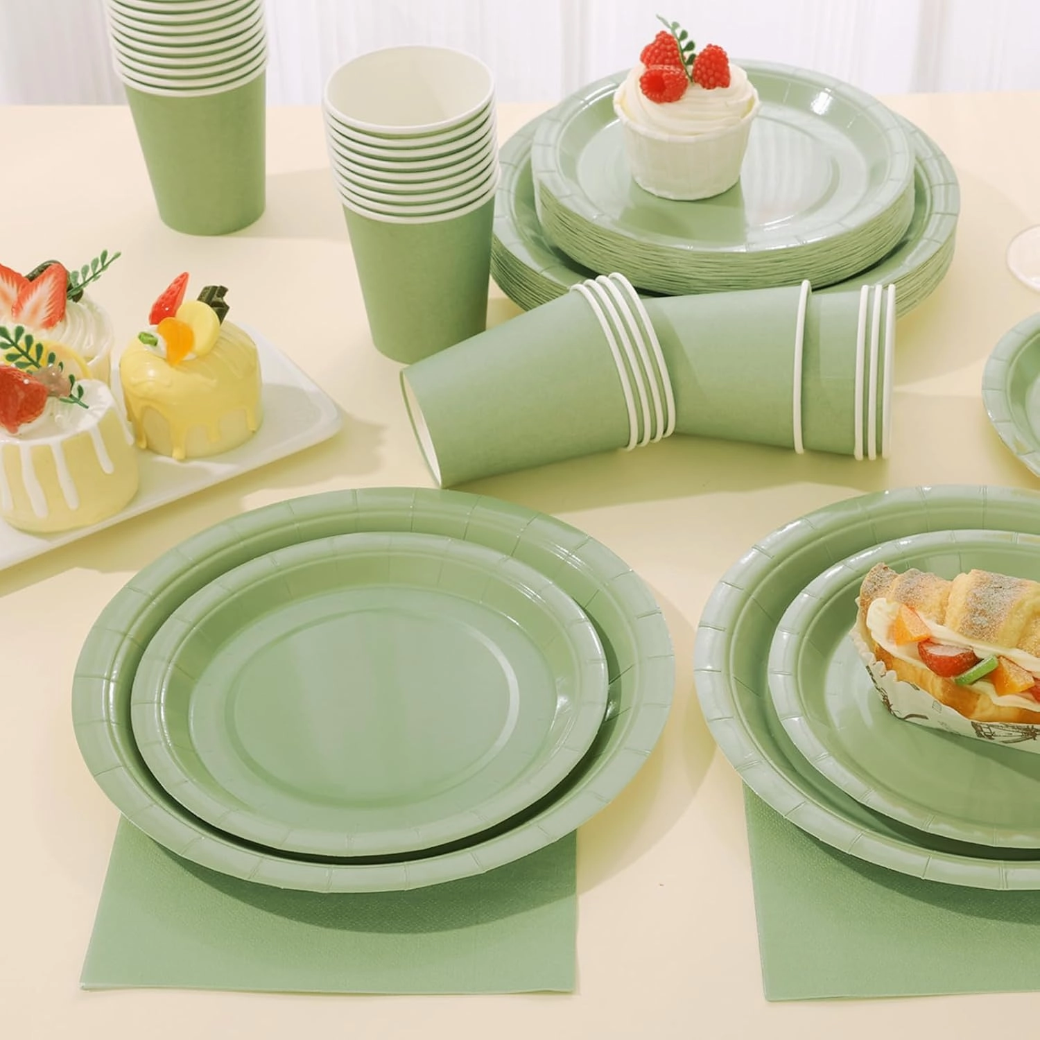 Sage Green Paper Plates, Plates and Napkins Party Supplies 200 Pcs, Greenery Bridal Shower baby decorations Birthday Serves 50, Medium