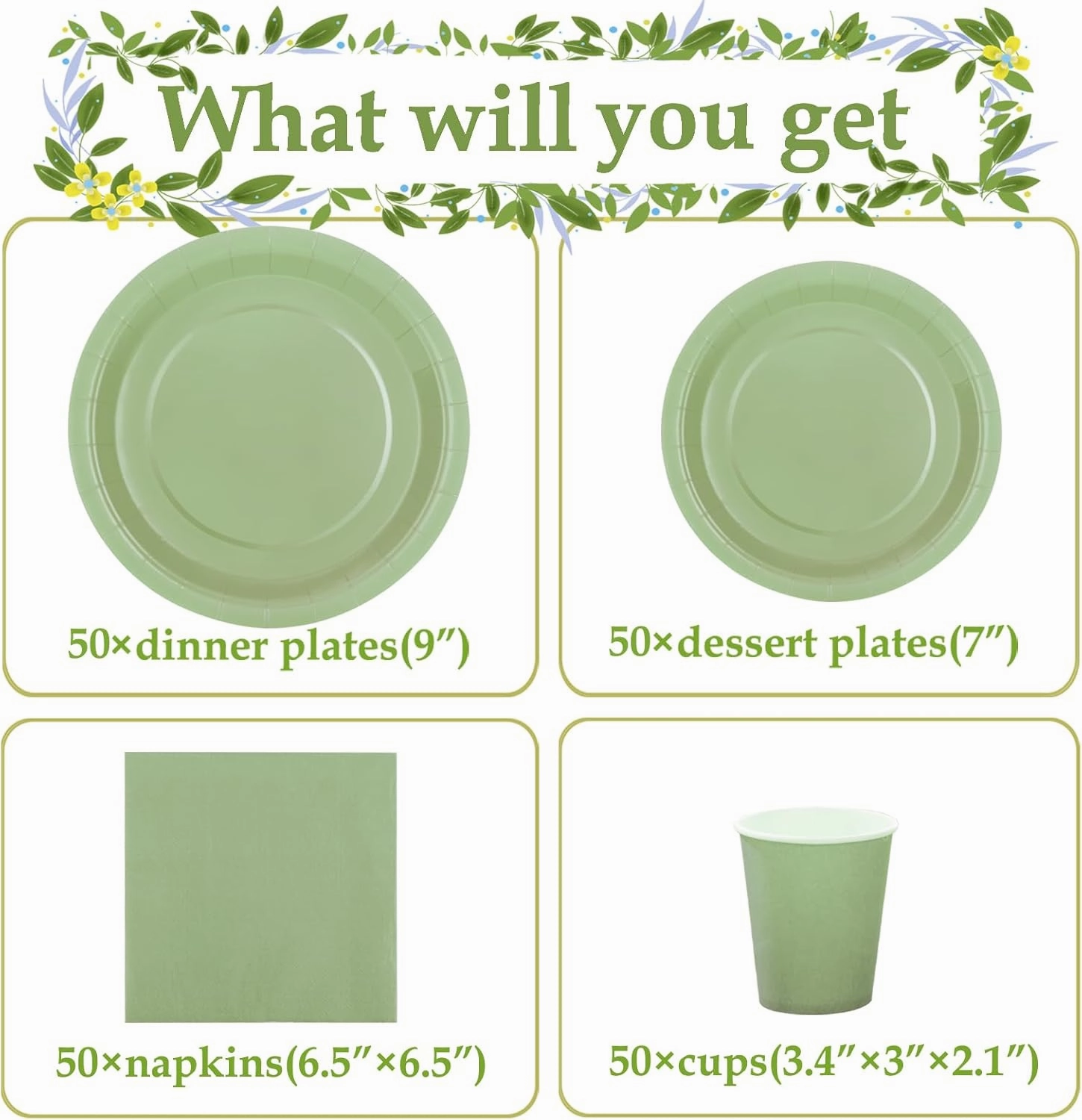 Sage Green Paper Plates, Plates and Napkins Party Supplies 200 Pcs, Greenery Bridal Shower baby decorations Birthday Serves 50, Medium