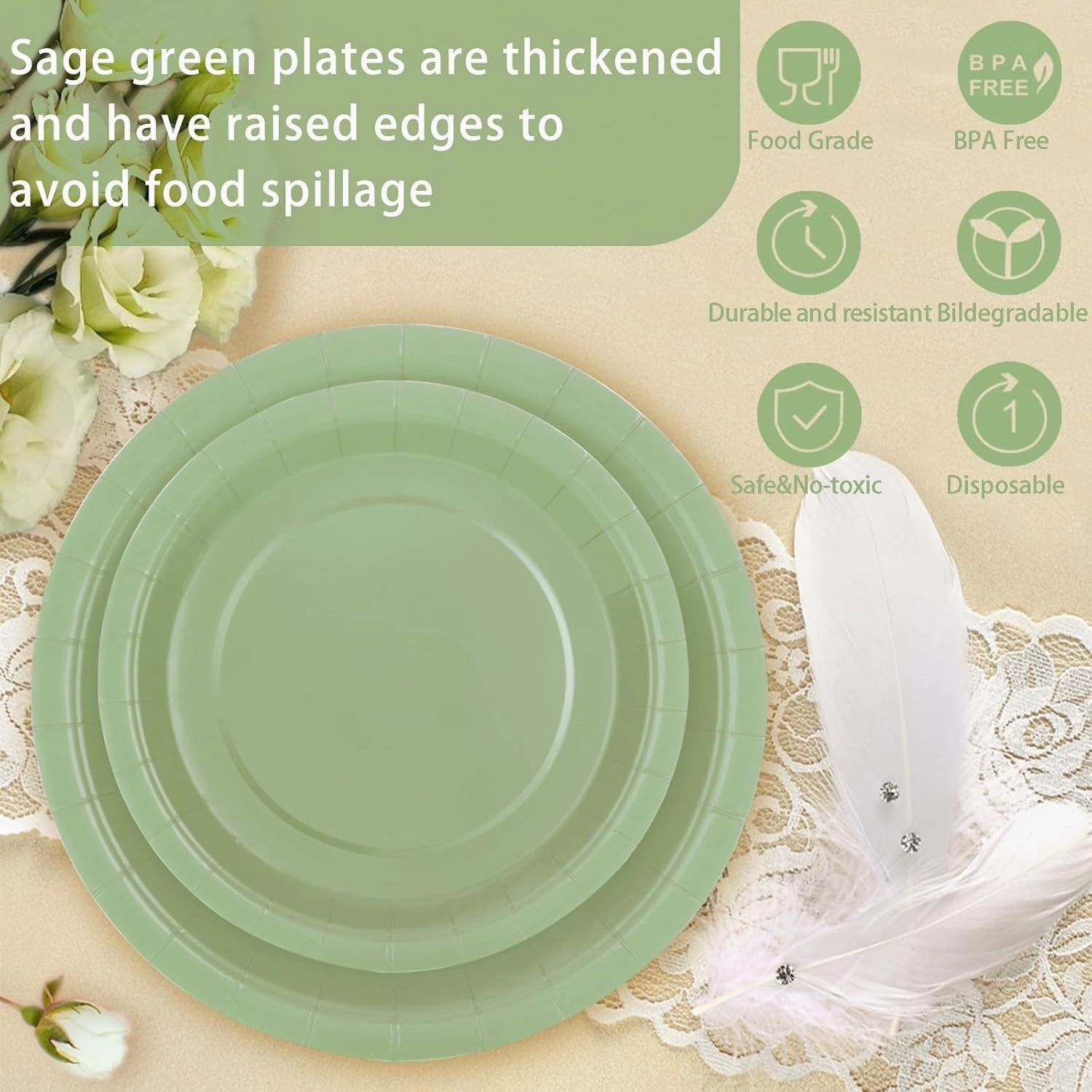 Sage Green Paper Plates, Plates and Napkins Party Supplies 200 Pcs, Greenery Bridal Shower baby decorations Birthday Serves 50, Medium