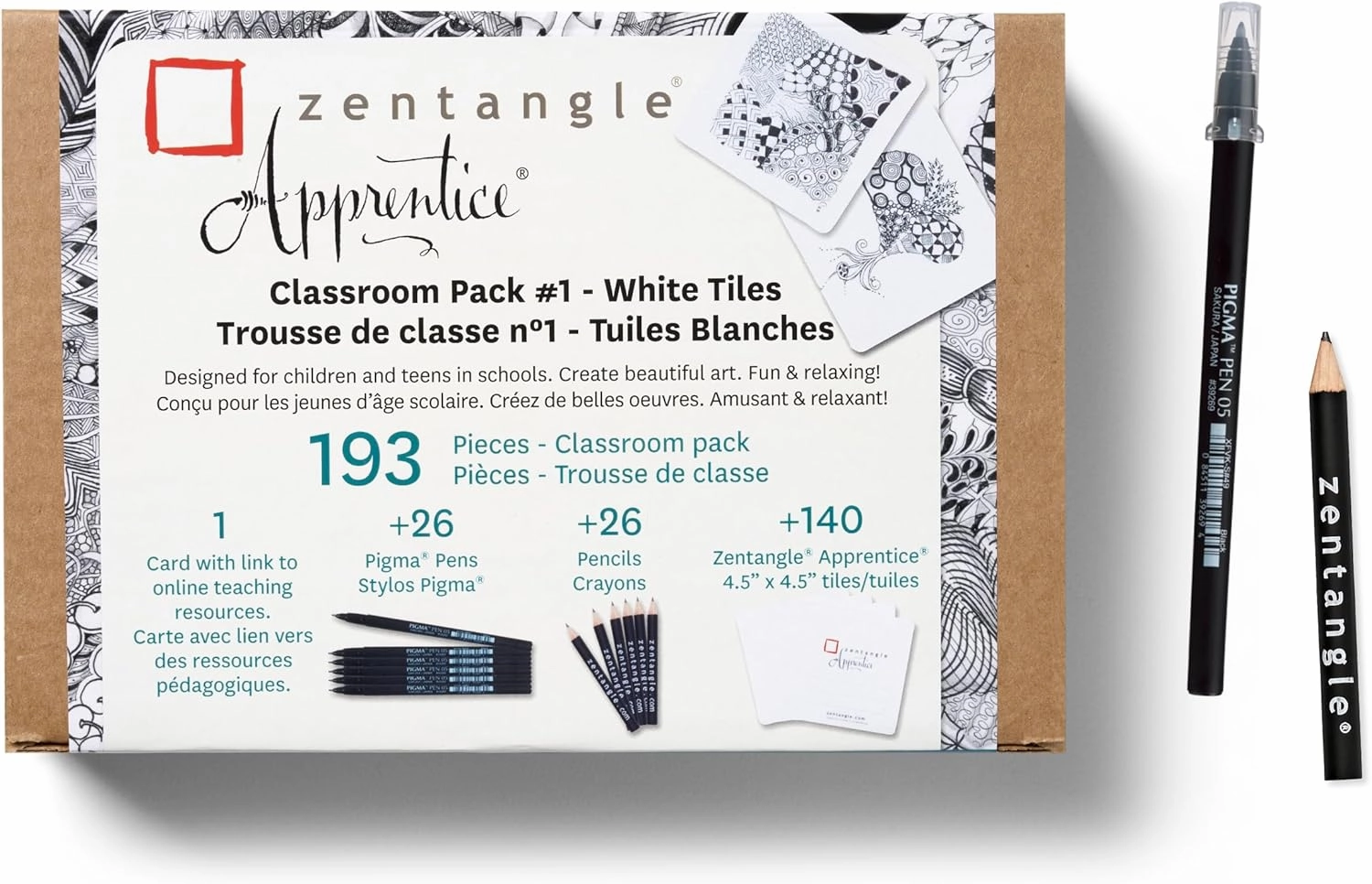 SAKURA Zentangle Apprentice Classroom Pack - DVD, Pigma Pens, Pencils, and White Paper Zentangle Tiles - 193 Pieces