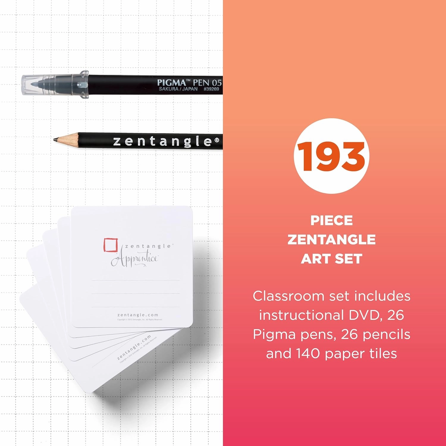 SAKURA Zentangle Apprentice Classroom Pack - DVD, Pigma Pens, Pencils, and White Paper Zentangle Tiles - 193 Pieces