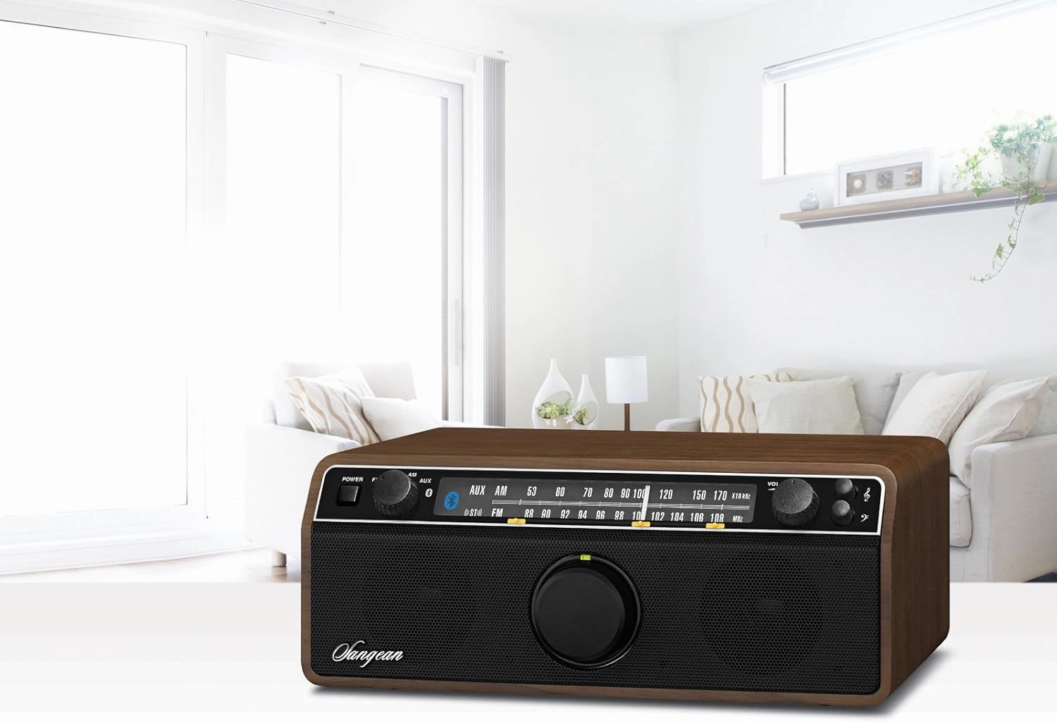 Sangean WR-12BT AM/FM/Bluetooth/AUX-in Stereo Analog Wooden Cabinet Radio, Dark Walnut