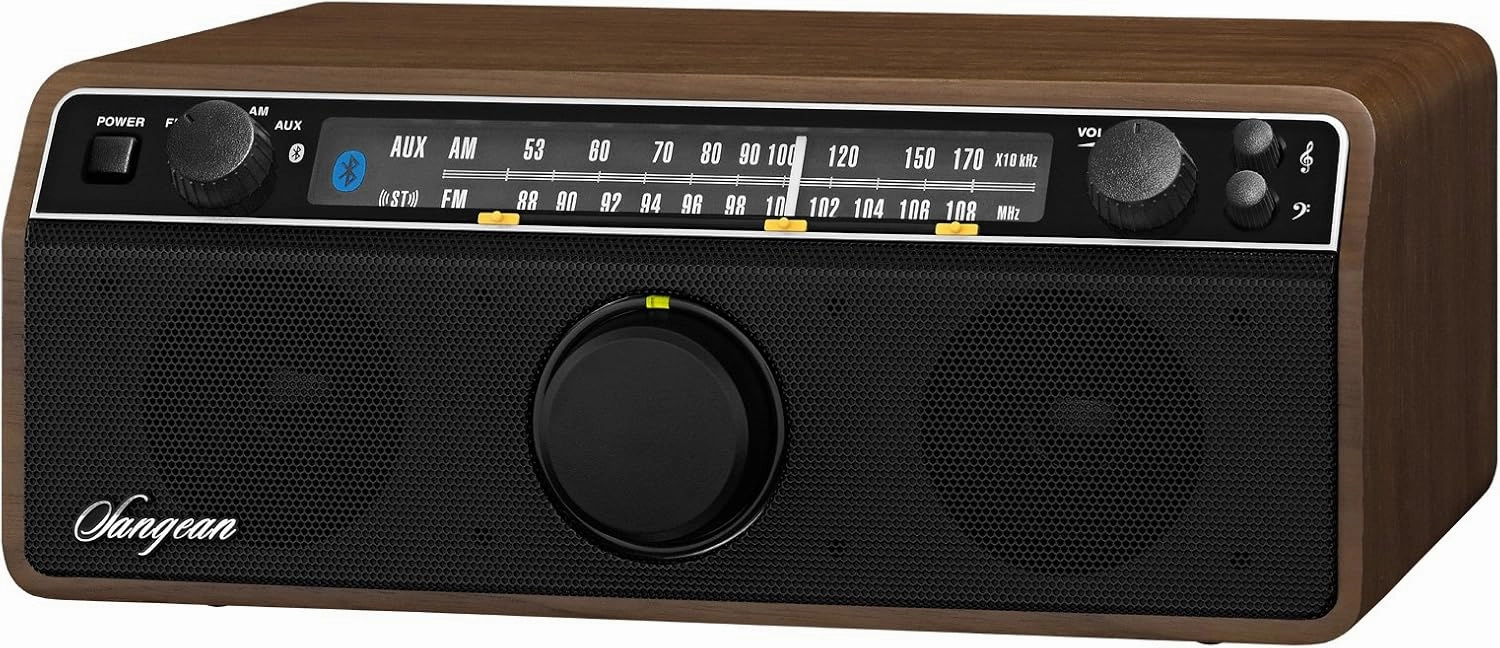Sangean WR-12BT AM/FM/Bluetooth/AUX-in Stereo Analog Wooden Cabinet Radio, Dark Walnut