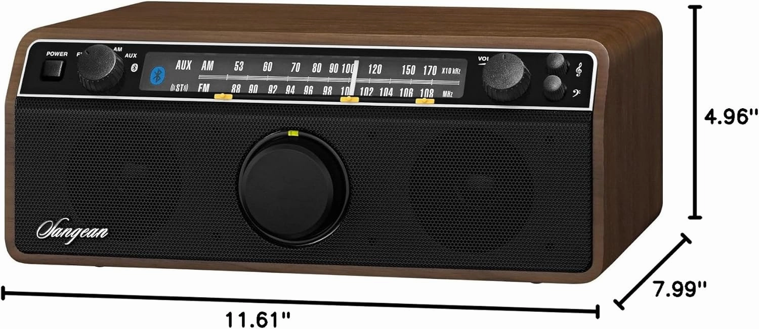 Sangean WR-12BT AM/FM/Bluetooth/AUX-in Stereo Analog Wooden Cabinet Radio, Dark Walnut